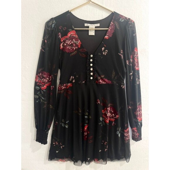 American Rag Black Red Floral Mini Dress Sheer Long Sleeve Boho Romantic Size S - Picture 1 of 14